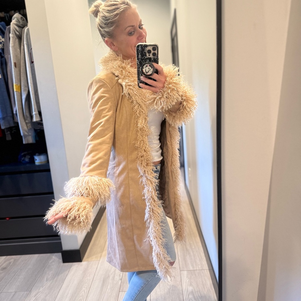 Tan Faux Fur Trim Penny Lane Vintage 60s 70s Inspired Coat Halloween - Picture 5 of 8